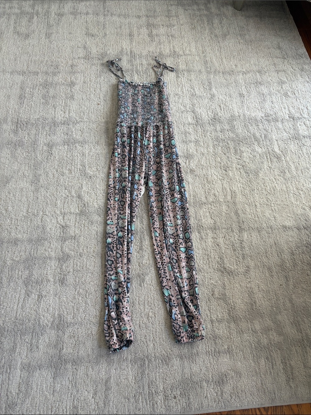 Smocked Strap Jumpsuit in Blue & Pink snake skin Print